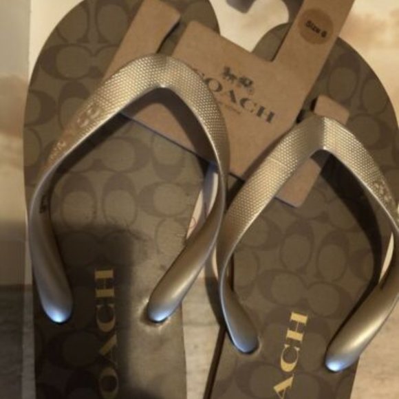 Coach Shoes - SOLD!! Coach Zac Flip Flops New for Summer Gold Khaki Signature Logo Size 8